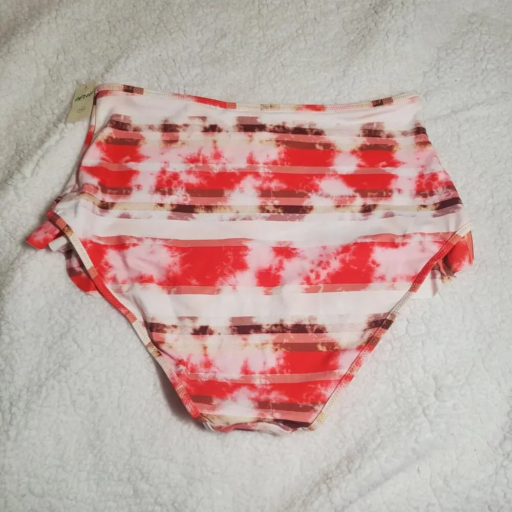 Aerie High Waisted Full Coverage Ruffle Tie Dye Pink Bikini Swim Bottoms NWT M - Picture 7 of 13
